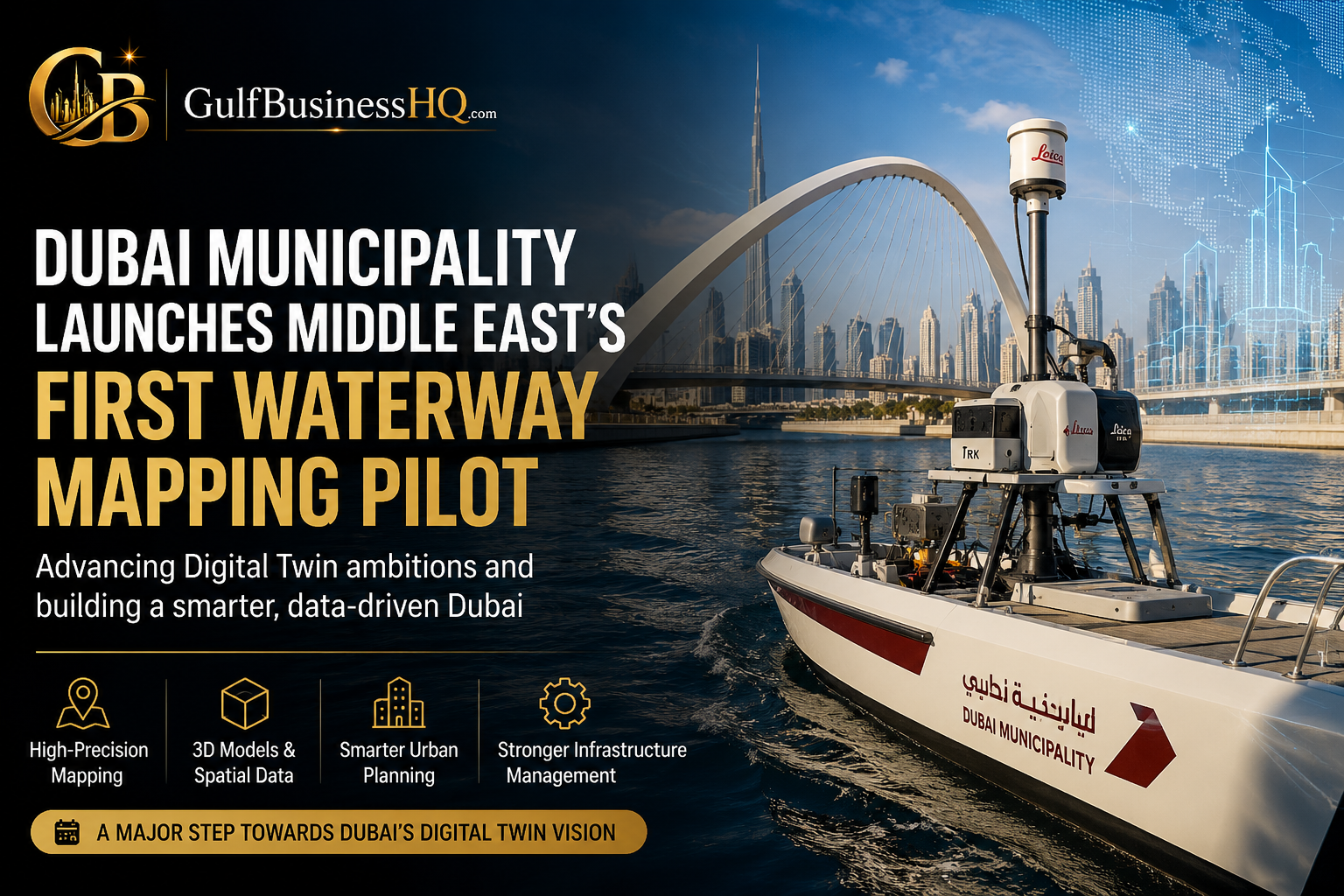 Dubai Municipality Sets Regional Benchmark with First-Ever Mobile Waterway Mapping Project Dubai Municipality, Dubai Water Canal, Digital Twin Dubai, GIS Dubai, Smart City UAE, Geospatial Mapping, Urban Planning Dubai, Infrastructure Innovation UAE, Dubai Technology, Leica TRK Mapping